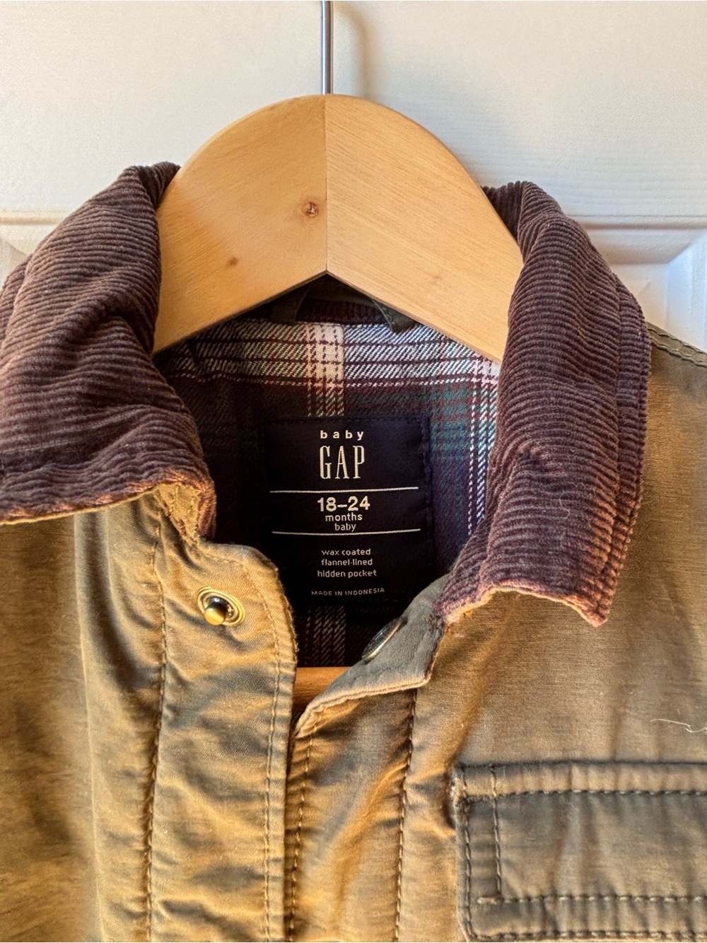 Gap Kids Olive Green Waxed Jacket with Corduroy Collar - Picture 3 of 7